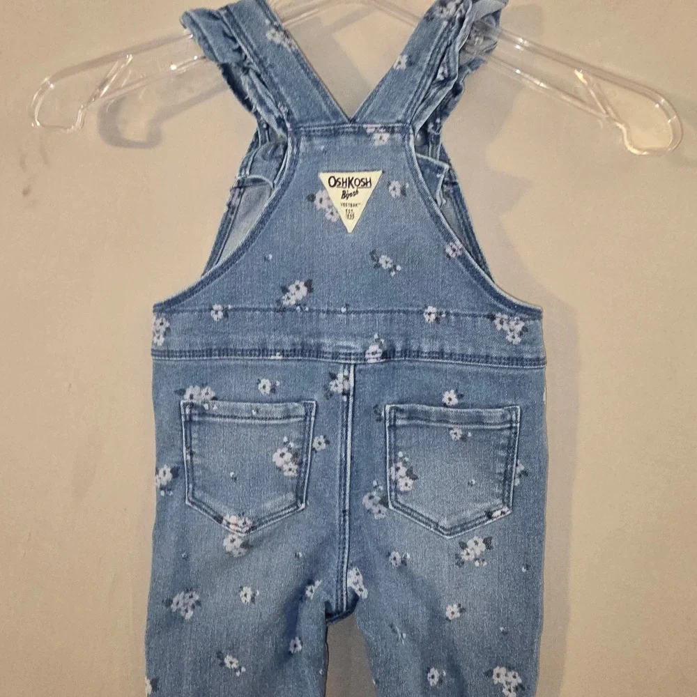OshKosh B'gosh Overalls 12M Baby Girl Blue Floral Ruffle Strap Denim Bib